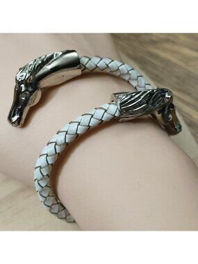 Horse Head Cuff Bracelet Equestrian Braided Leatherette Silver Tone Adjustable